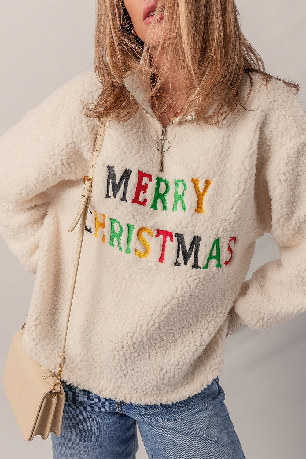 Jet Stream MERRY CHRISTMAS Colorful Letter Embroidery Quarter Zip Sherpa Sweatshirt