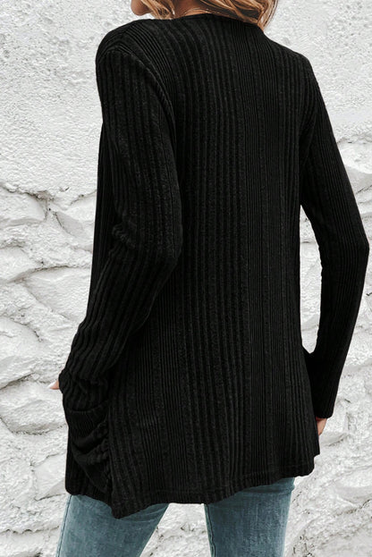 Black Ribbed Open Front Knitted Top with Pockets