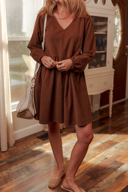 Coffee Corduroy V Neck Long Sleeve Loose Fit Dress