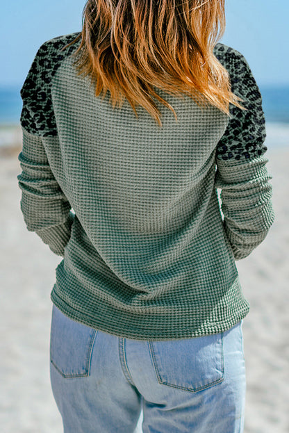 Green Leopard Waffle Knit V-Neck Blouse with Button Details