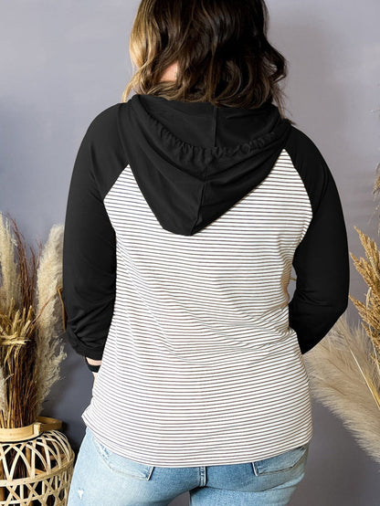 Cozy Black Striped Raglan Hoodie with Buttoned Pocket for Curvy Fashionistas