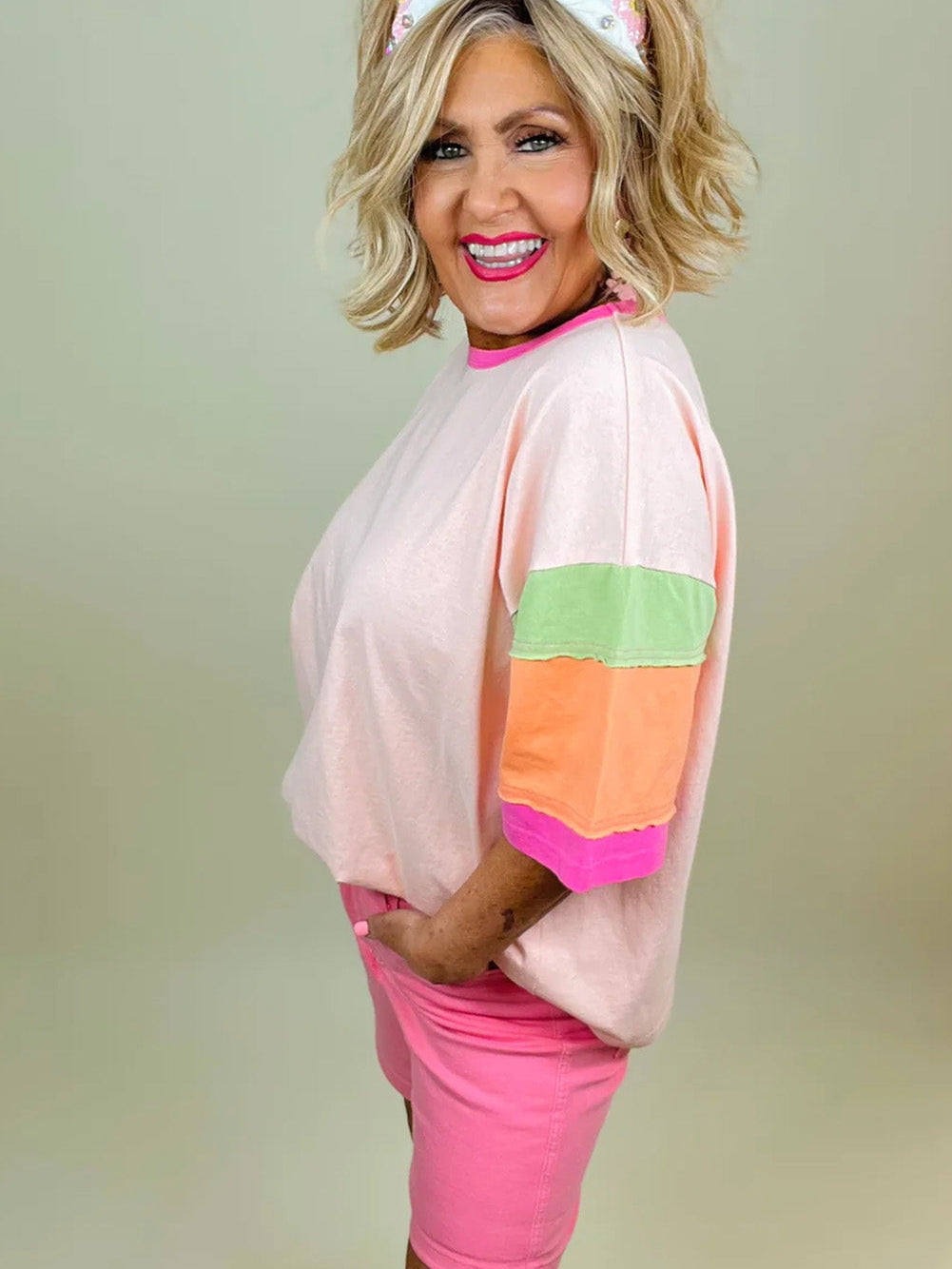 Sweet Pink Color Block Plus Size Tee with Half Sleeves