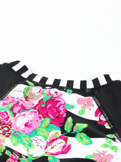 Floral Striped Patchwork Rashguard Swimsuit with Long Sleeves