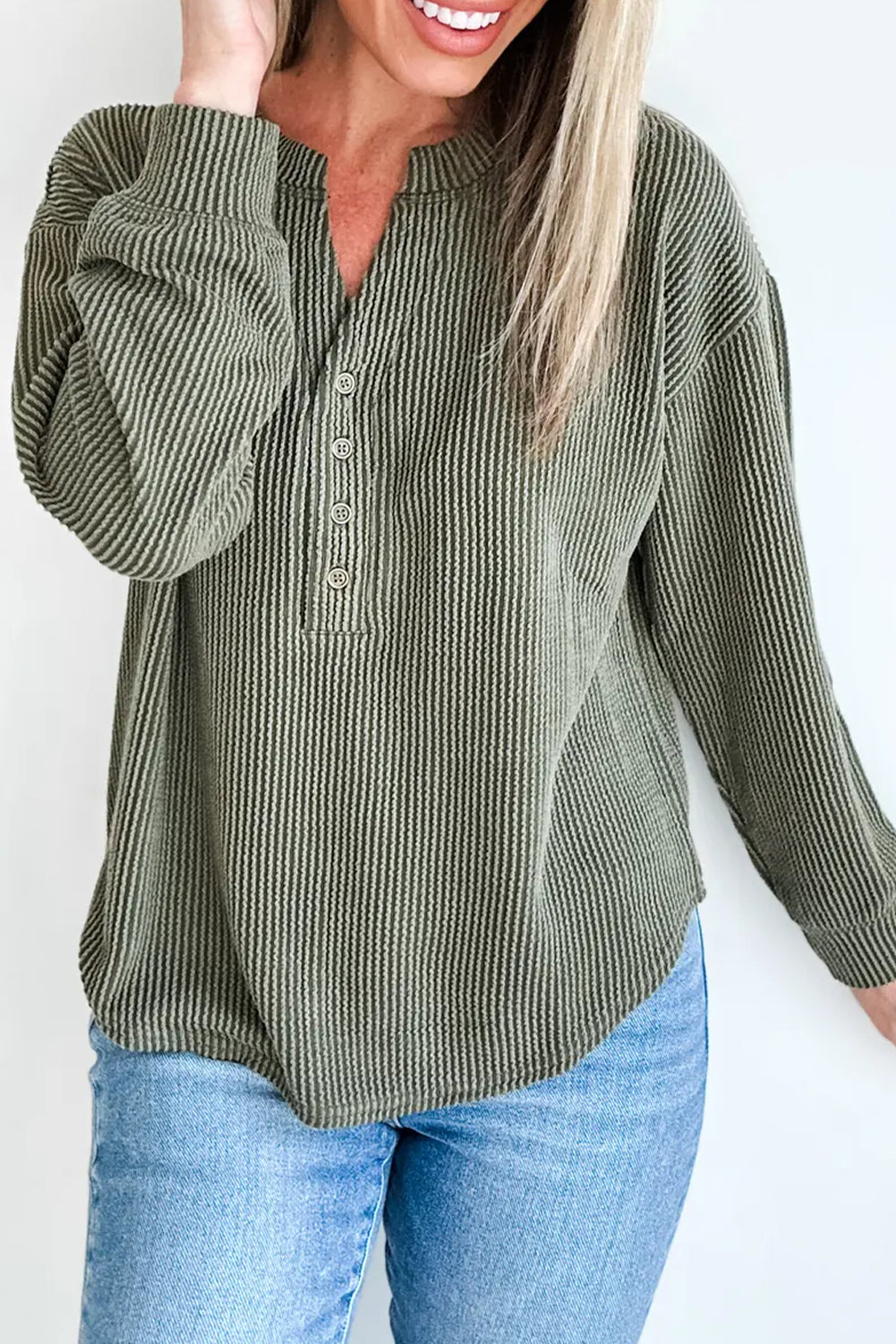 Seagrass Twisted Ribbed Half Button Long Sleeve Loose Top