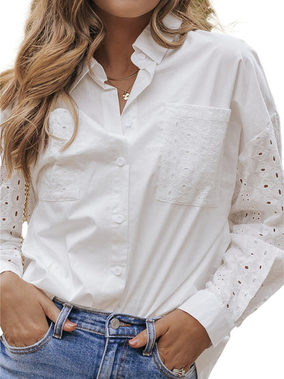 Elegant White Lace Embroidered Button-Up Shirt with Chest Pockets