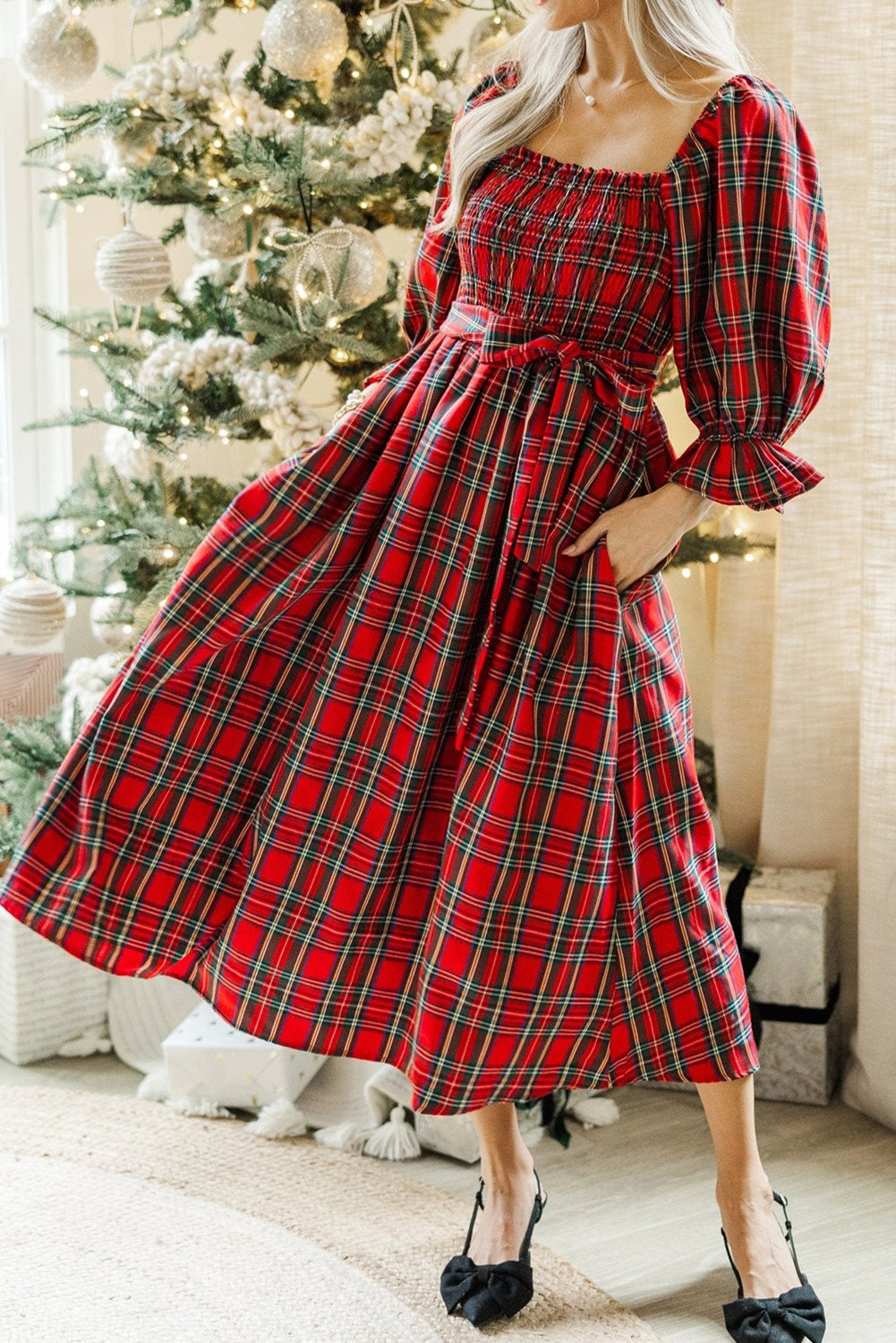 Red Tartan Plaid Square Neck Puff Sleeve Knot Waist Flared Midi Dress