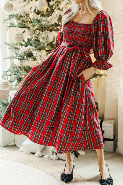 Red Tartan Plaid Square Neck Puff Sleeve Knot Waist Flared Midi Dress