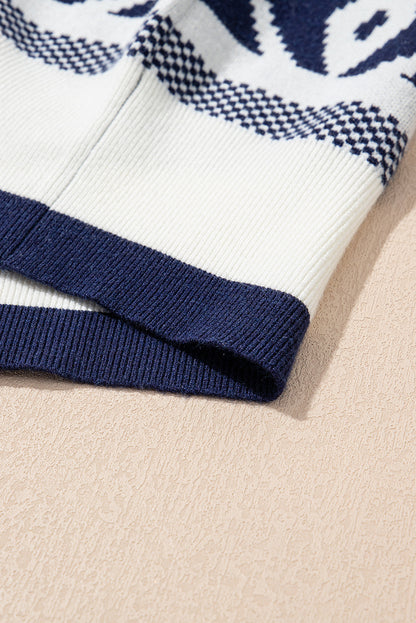 Navy Blue Abstract Print Pullover Sweater