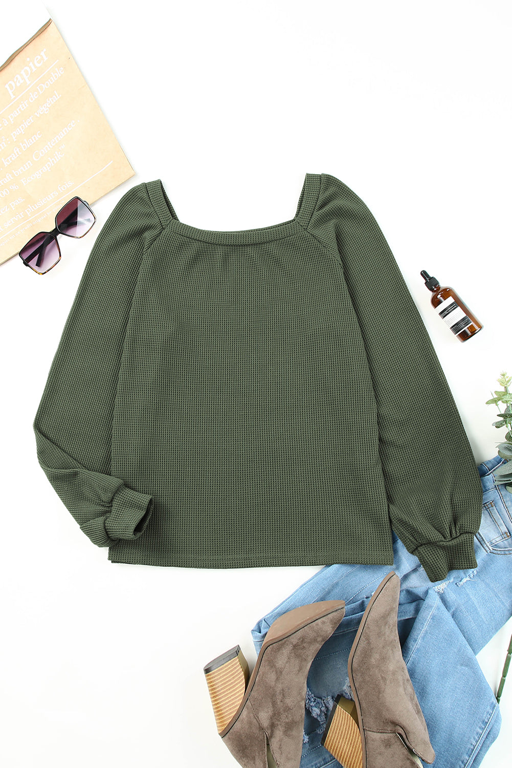 Green Square Neck Loose Fit Waffle Knit Long Sleeve Top
