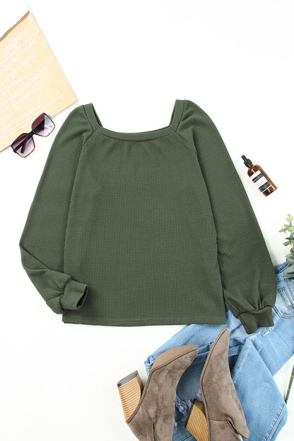 Green Square Neck Loose Fit Waffle Knit Long Sleeve Top