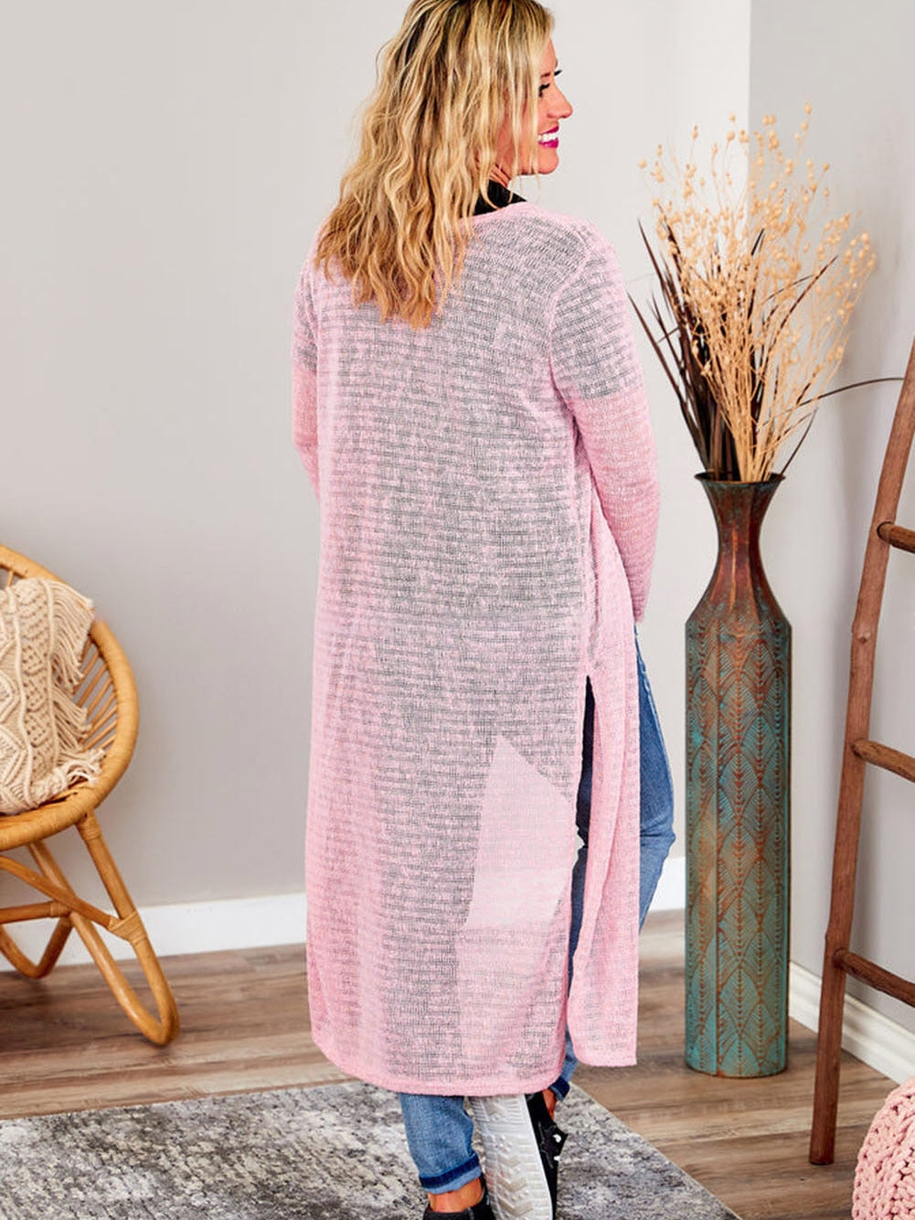 Pink Sheer Knit Long Side Slit Plus Size Cardigan with Southern Belle Style