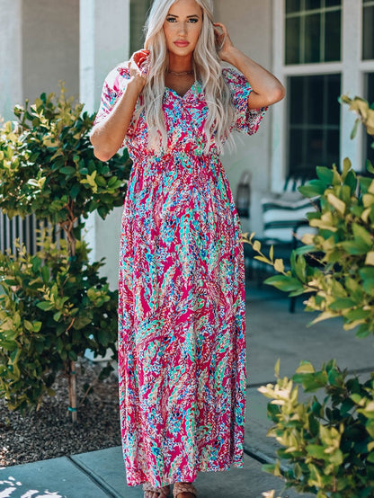 Vintage Print Puff Sleeve Maxi Dress