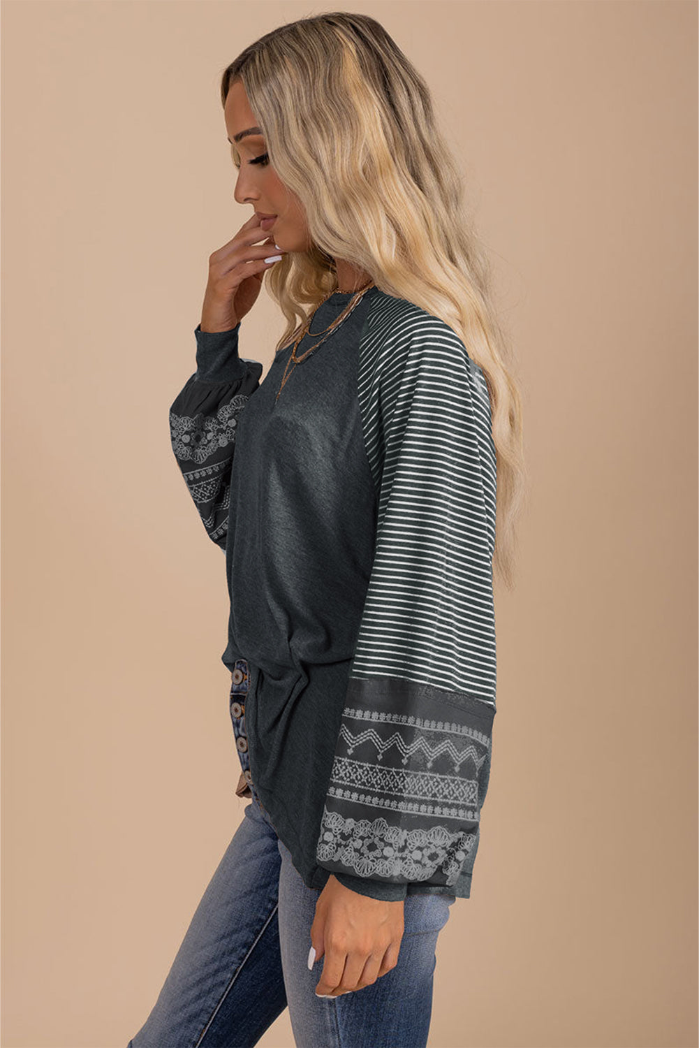 Medium Grey Contrast Print Striped Raglan Long Sleeve Loose Top