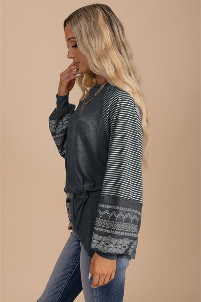 Medium Grey Contrast Print Striped Raglan Long Sleeve Loose Top