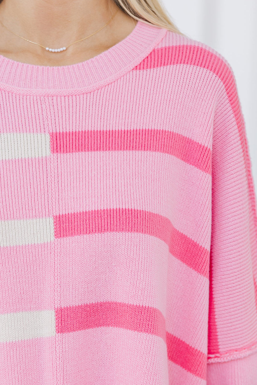 Pink Stripe Round Neck Ribbed Knit Exposed Seam Oversize Sweater