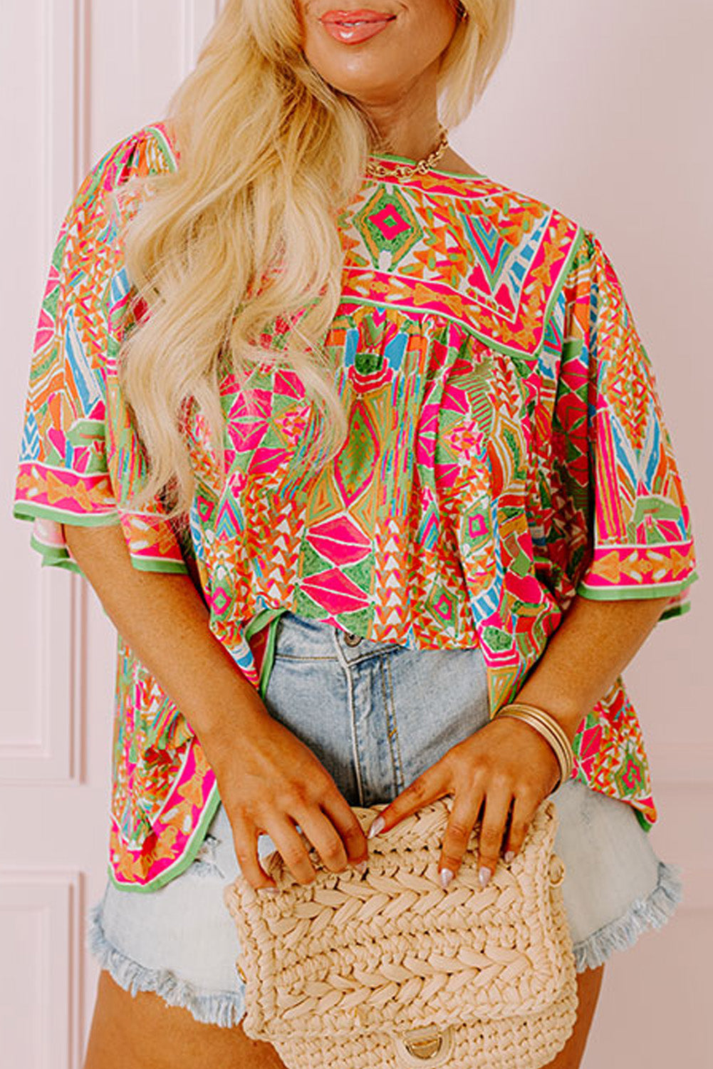 Green Bohemian Geometric Print Wide Sleeve Plus Size Blouse