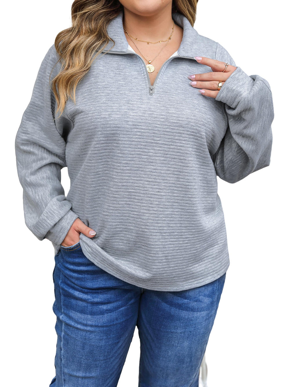 Light Grey Quarter Zipper Collared Ribbed Knit Plus Size Top