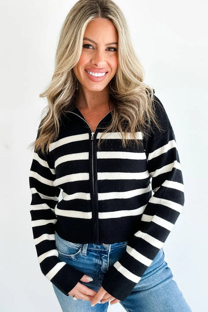 Black Stripe Ribbed Knit Zip Up Drop Shoulder Sweater Cardigan