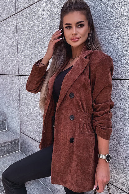 Coffee Corduroy Double Breasted Smocked Waist Blazer