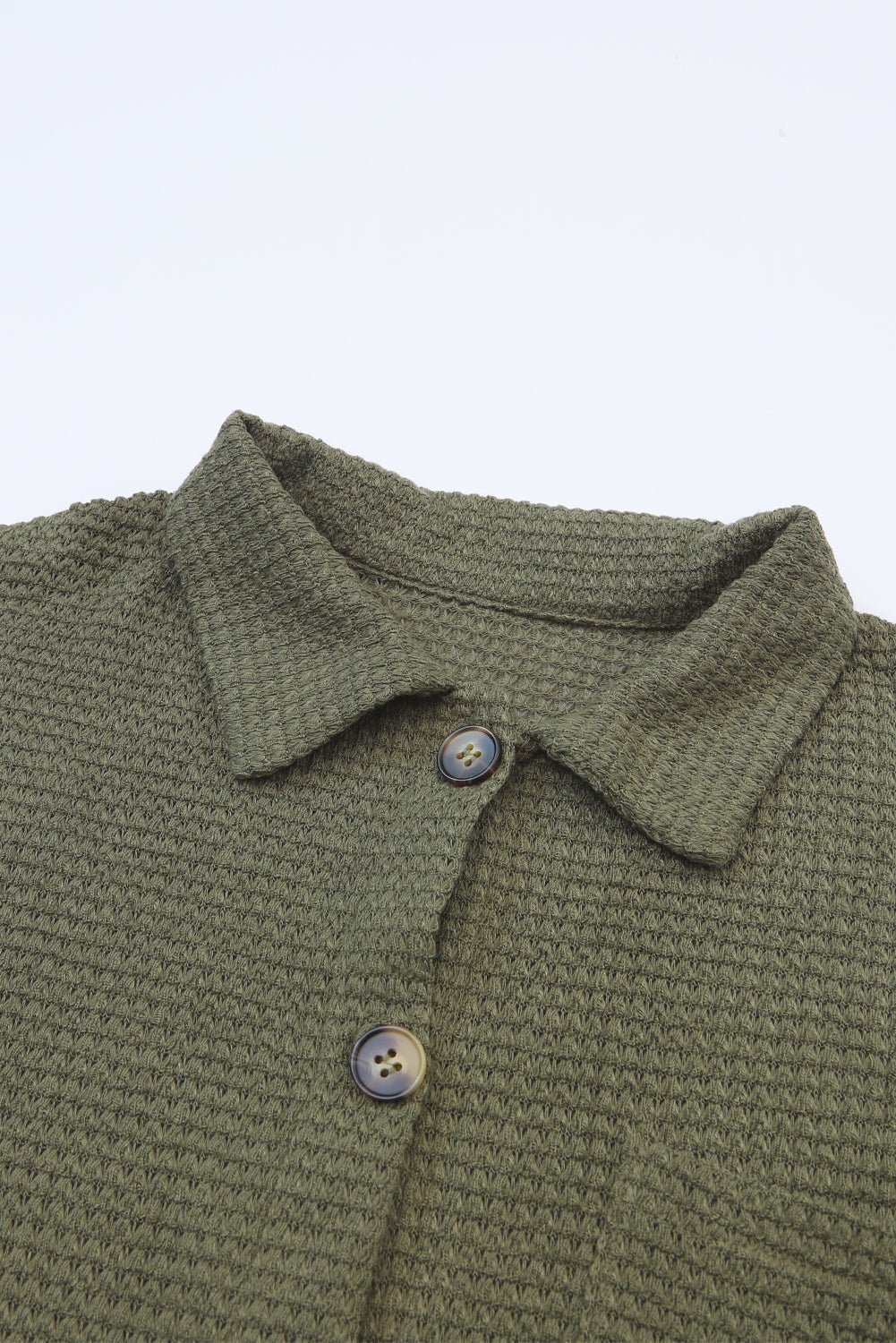 Green Textured Waffle Knit Button Down Blouse