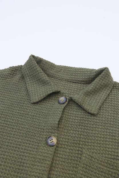 Green Textured Waffle Knit Button Down Blouse