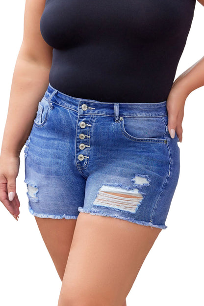 Sky Blue Quintuplicate Button Fly High Waist Plus Denim Shorts
