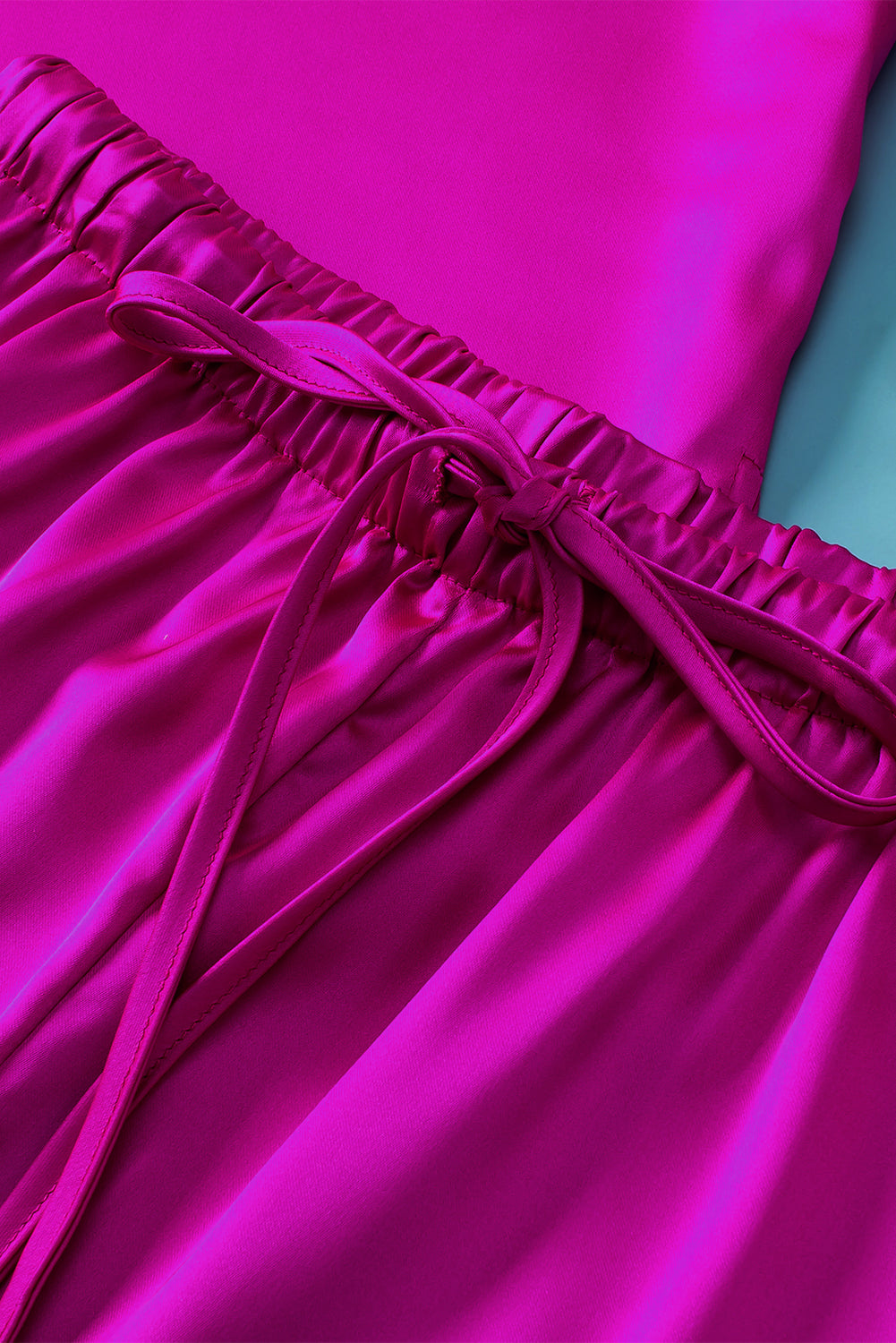 Elegant Bright Pink Satin Lounge Set with V-Neck Tee and Drawstring Shorts