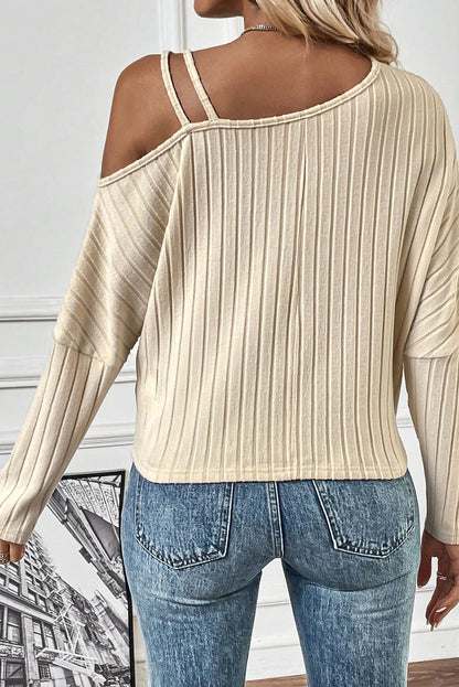 Apricot Twisted Cold Shoulder Ribbed Knit Top with Asymmetrical Neck