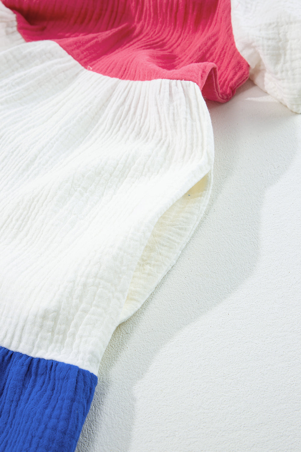 White Crinckle Colorblock Puff Sleeve Buttons Babydoll Dress