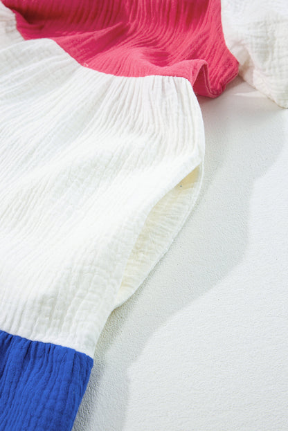 White Crinckle Colorblock Puff Sleeve Buttons Babydoll Dress