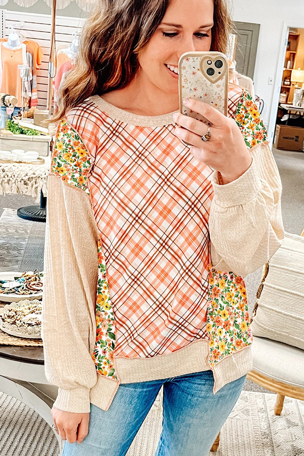 Beige Plaid Floral Mixed Pattern Patchwork Uneven Hem Textured Knit Top