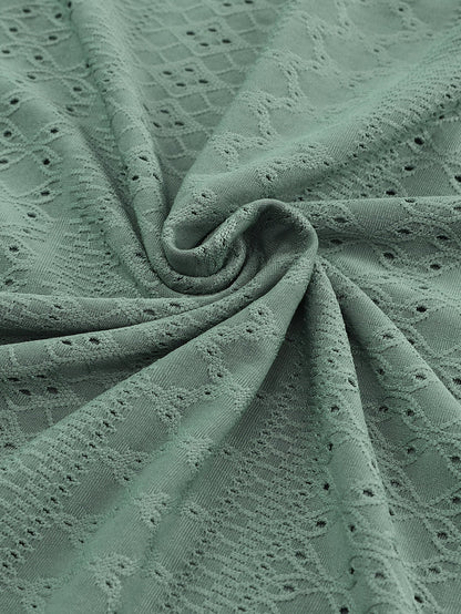 Green Eyelet Jacquard Split Neck Flounce Sleeve Plus Size Blouse