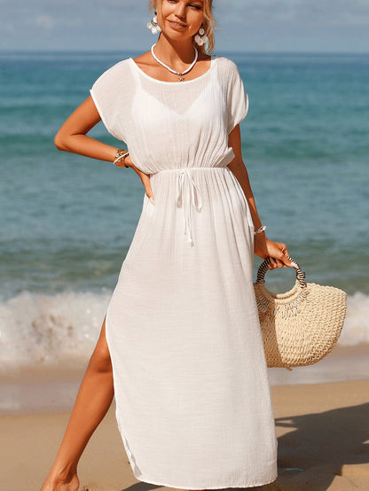 White Sheer Elegant Beach Dress with Adjustable Drawstring