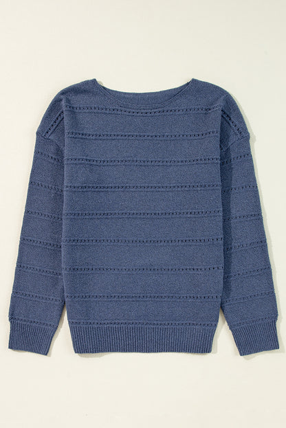 Real Teal Boat Neck Drop Shoulder Pointelle Knit Sweater