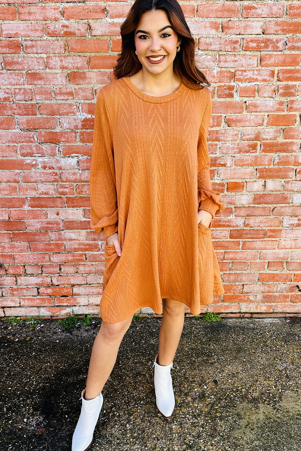 Vitality Orange Chic Textured Round Neck Long Sleeve Mini Dress