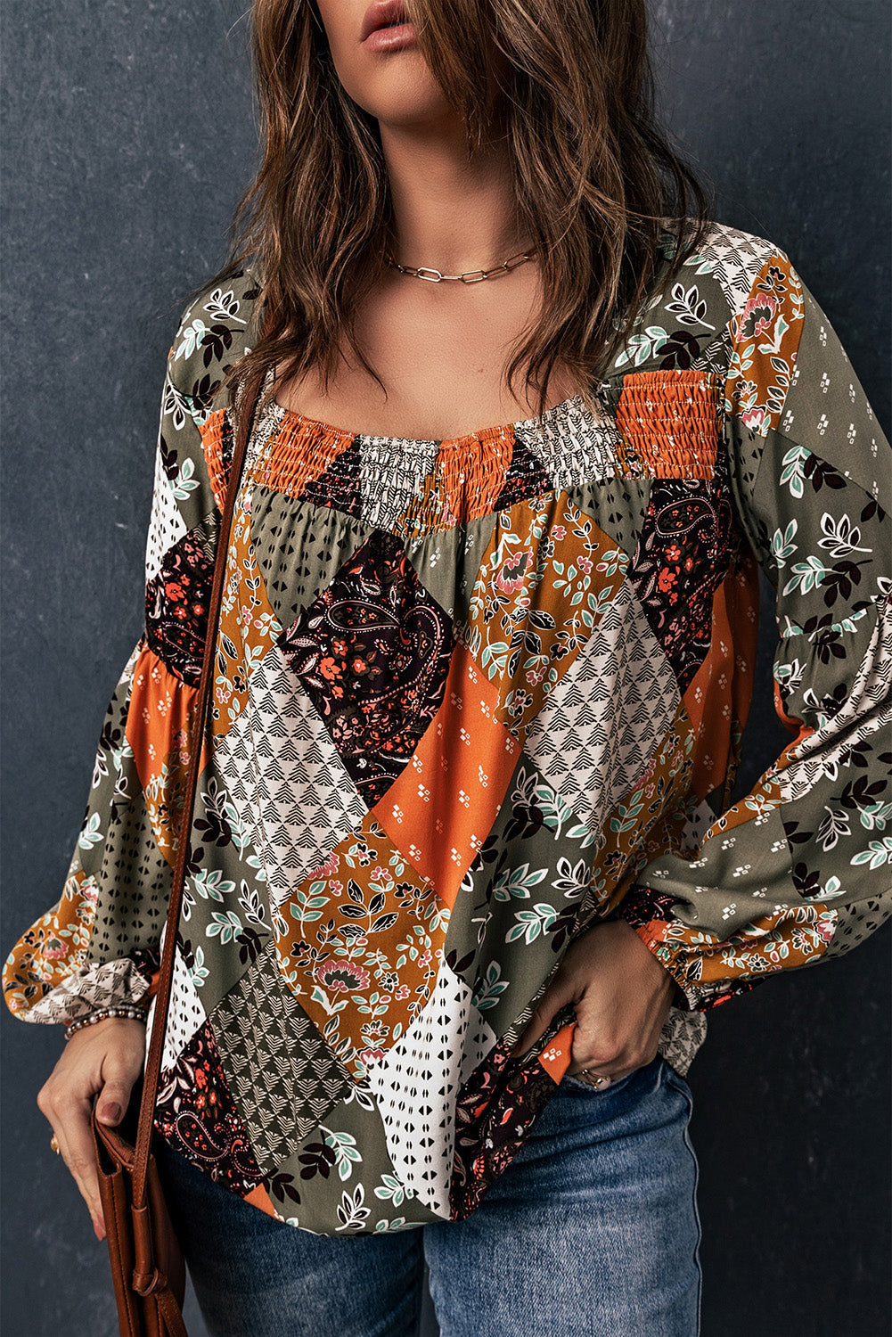 Green Floral Square Neck Boho Blouse