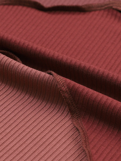 Fiery Red Color Block Ribbed Knit Top with Exposed Seams