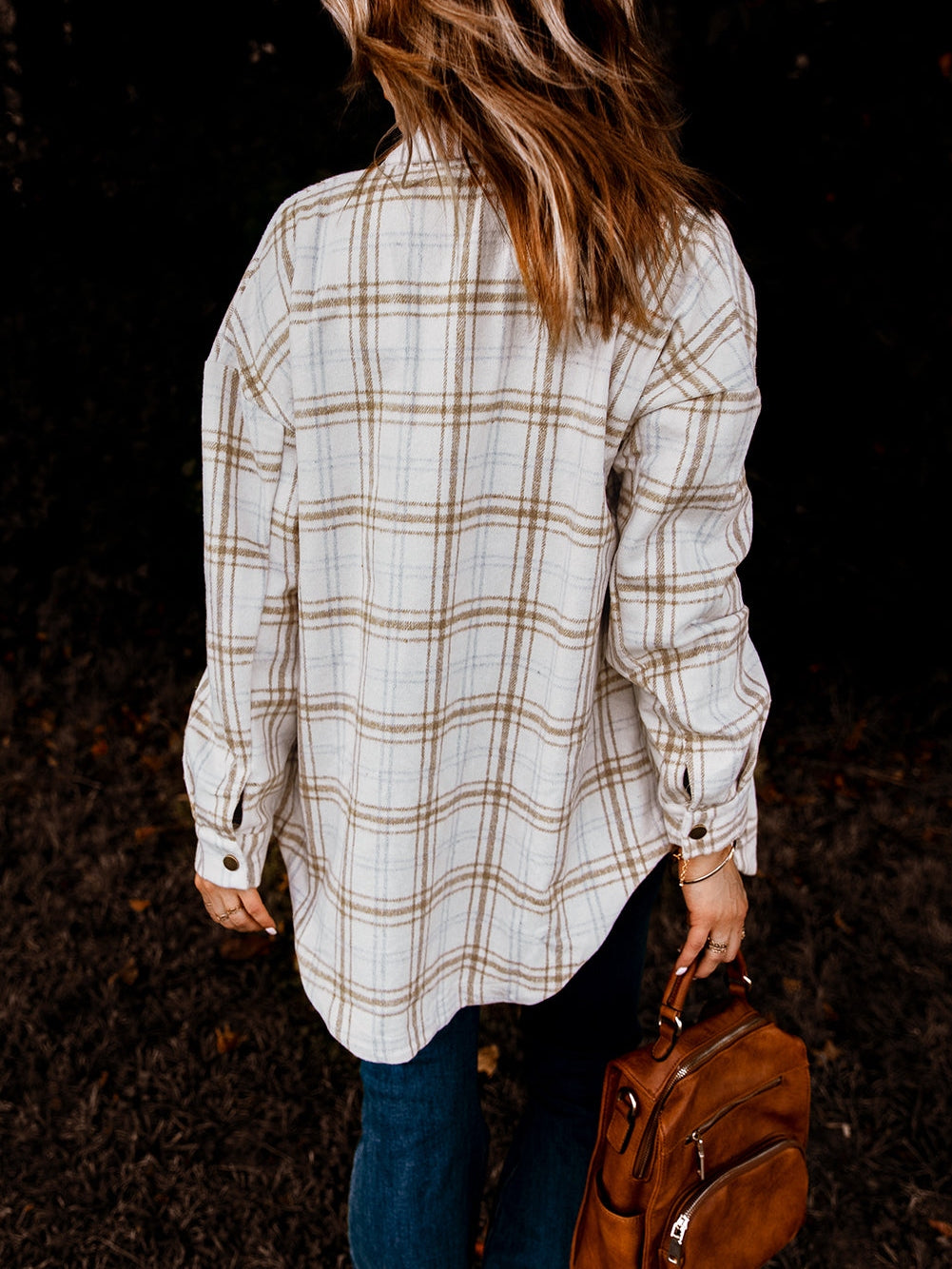 Khaki Plaid Button-Up Shirt Jacket with Side Slits