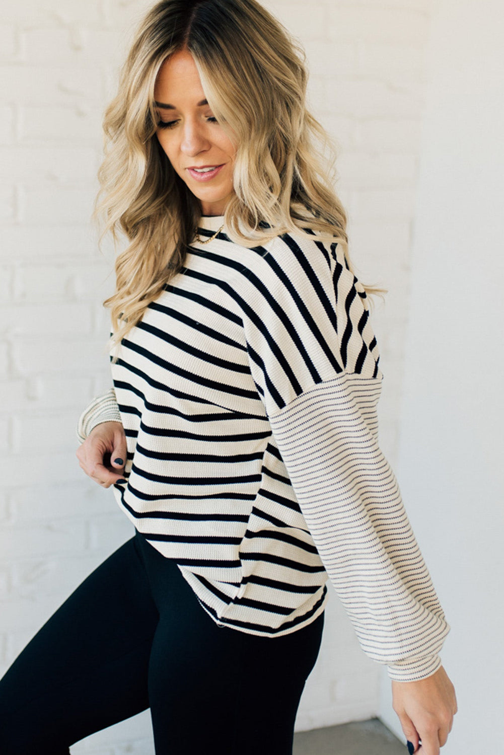 Black Stripe Mixed Pattern Thermal Knit Casual Sweatshirt