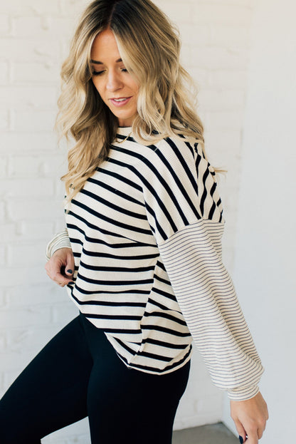 Black Stripe Mixed Pattern Thermal Knit Casual Sweatshirt