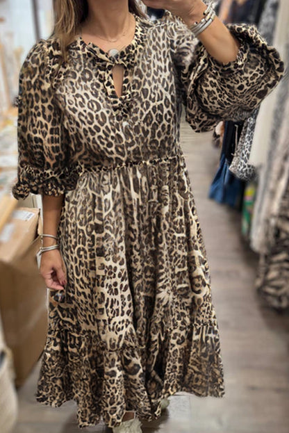Khaki Leopard Puff Sleeve Bow Knot Neck Ruffle Hem Long Dress
