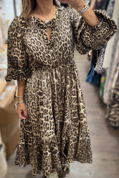 Khaki Leopard Puff Sleeve Bow Knot Neck Ruffle Hem Long Dress