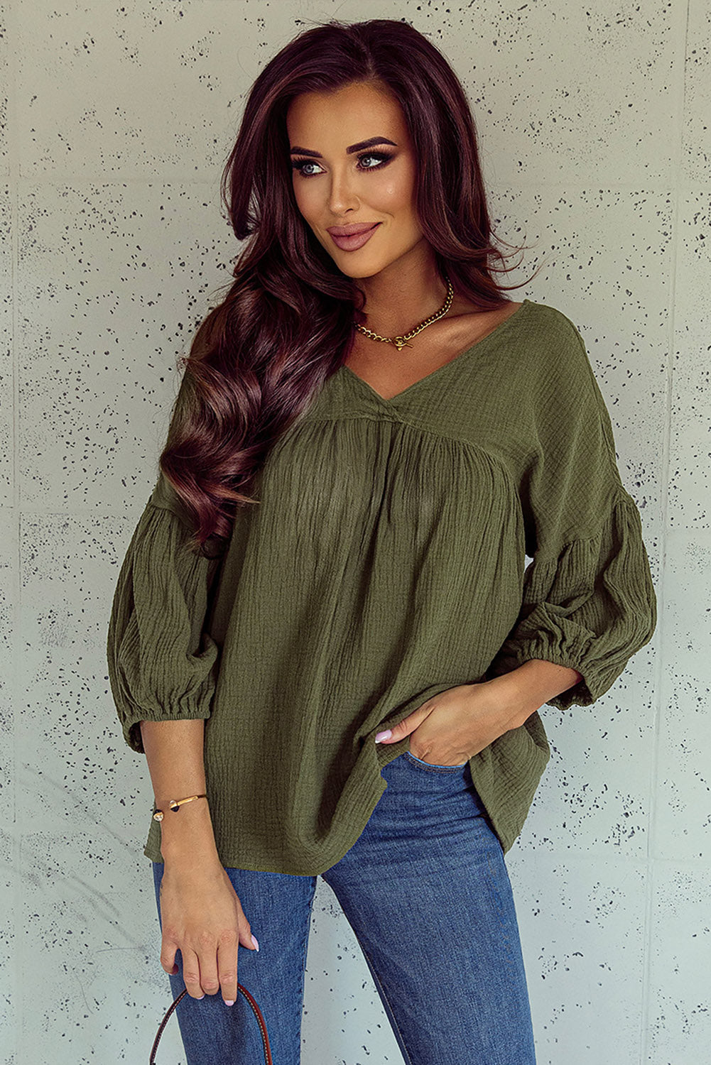 Green Textured V Neck Bracelet Sleeve Babydoll Blouse with Puff Sleeves