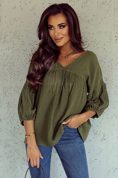 Green Textured V Neck Bracelet Sleeve Babydoll Blouse with Puff Sleeves