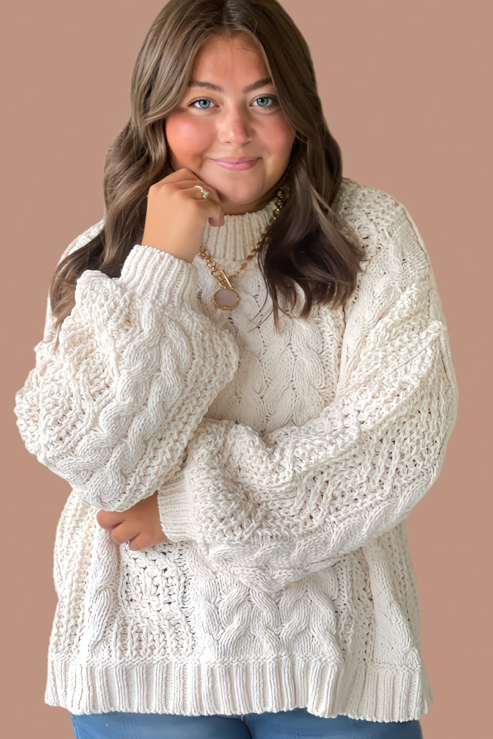 White Plus Size Cable Mix Texture Knit Drop Shoulder Baggy Sweater