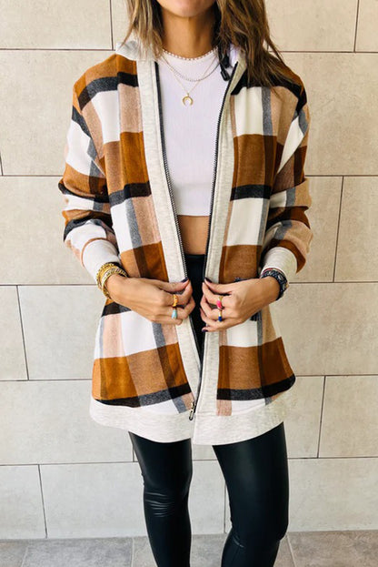 Brown Vintage Plaid Contrast Trim Hooded Zip Up Jacket