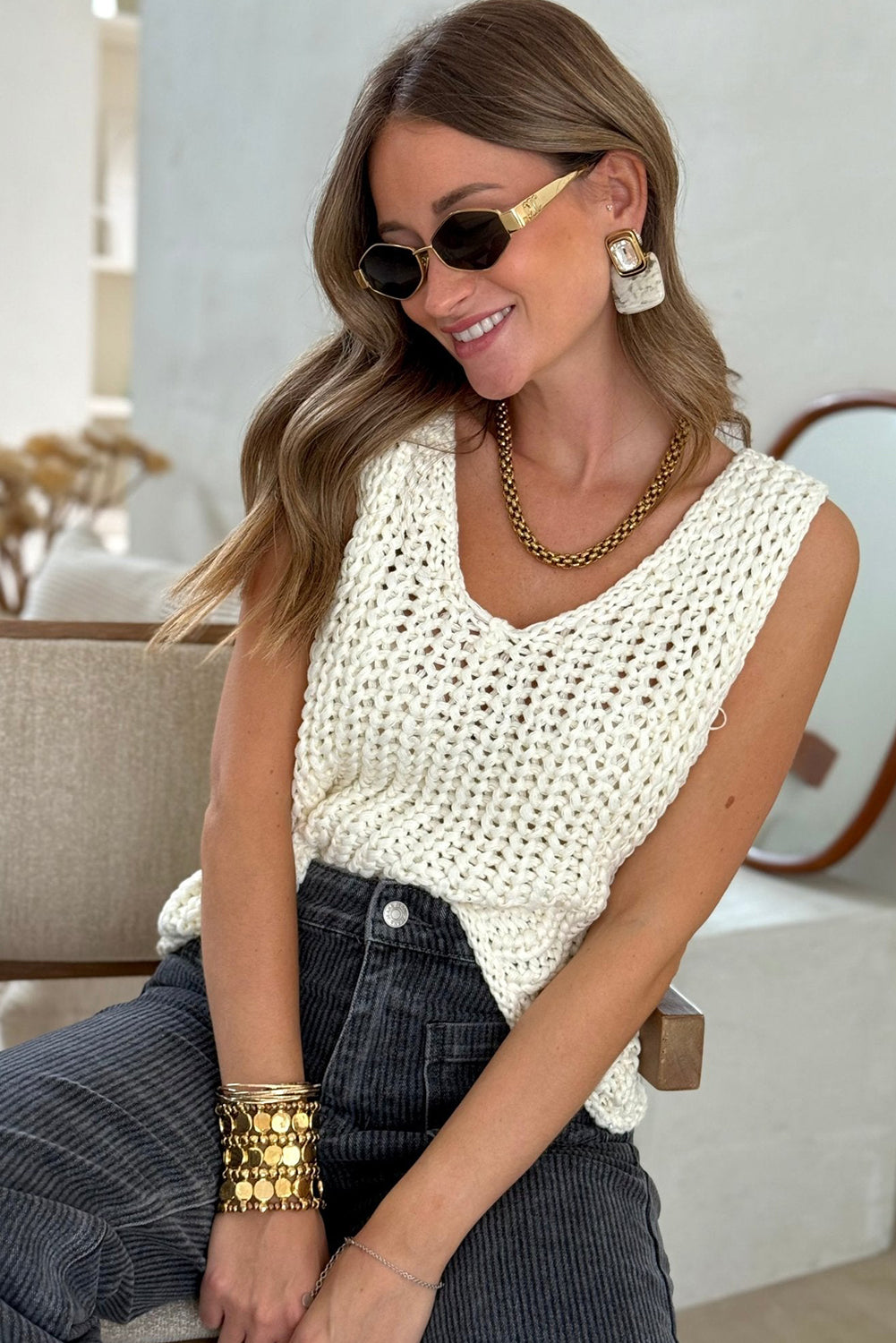 Dark Brown Chunky Cable Knit Tiny Sequin Detail V Neck Sweater Vest