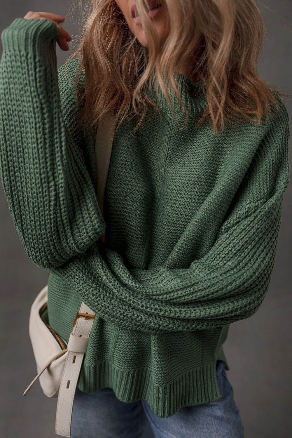 Mist Green Solid Color Front Seam Drop Shoulder Loose Sweater
