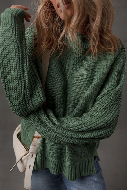Mist Green Solid Color Front Seam Drop Shoulder Loose Sweater