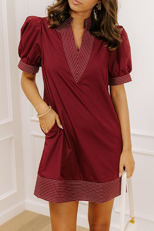 Burgundy Stitched Detail V Neck Short Puff Sleeve Shift Mini Dress